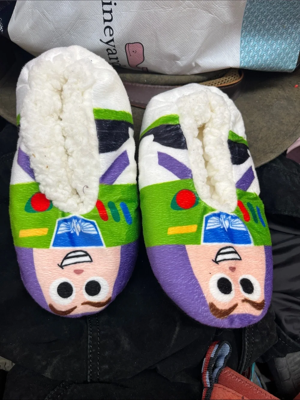 Disney Kids Buzz Lightyear Plush Footie Slippers in Green, Purple & White